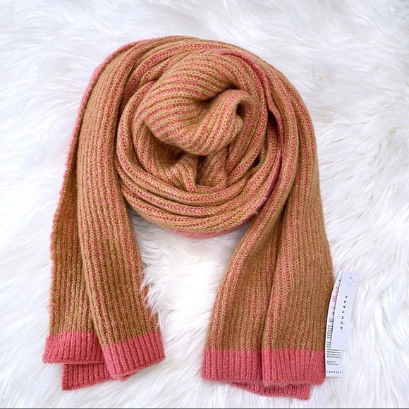 NEW Topshop Two Tone Knit Long Rectangle Scarf Cozy One Size Pink Green - Picture 1 of 2